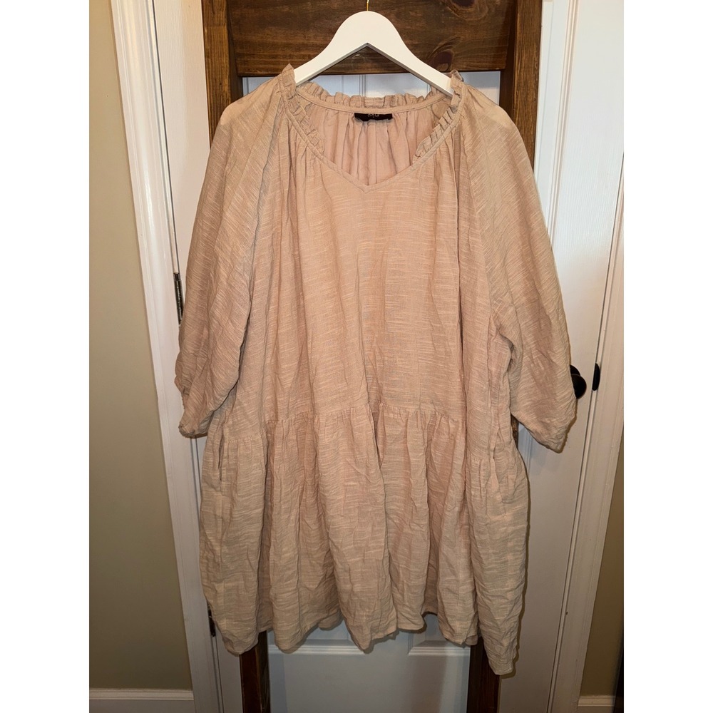 ABLE Beige Textured Tiered V Neck Ruffle Collar Boho‎ Tunic Dress 1X